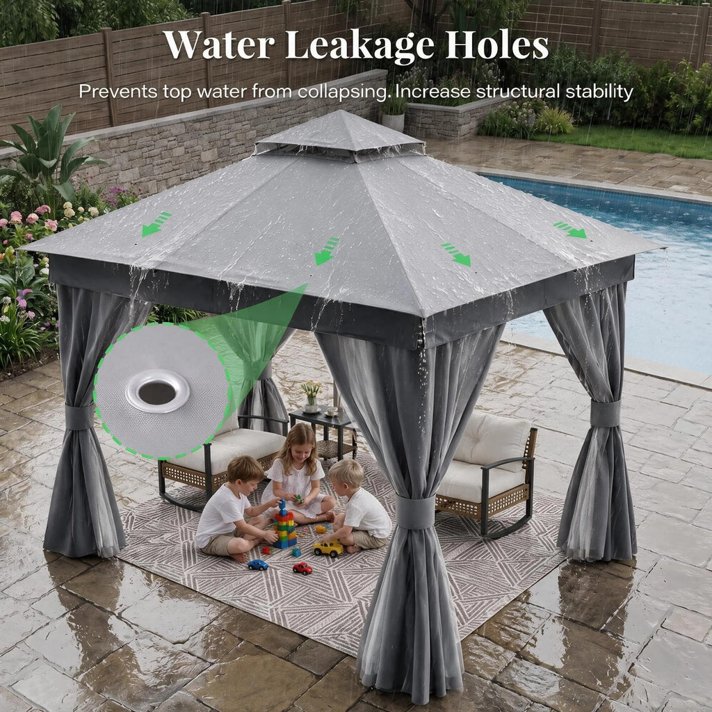 8x8 Gazebo Canopy with Netting, Curtains & Double Roof D887422
