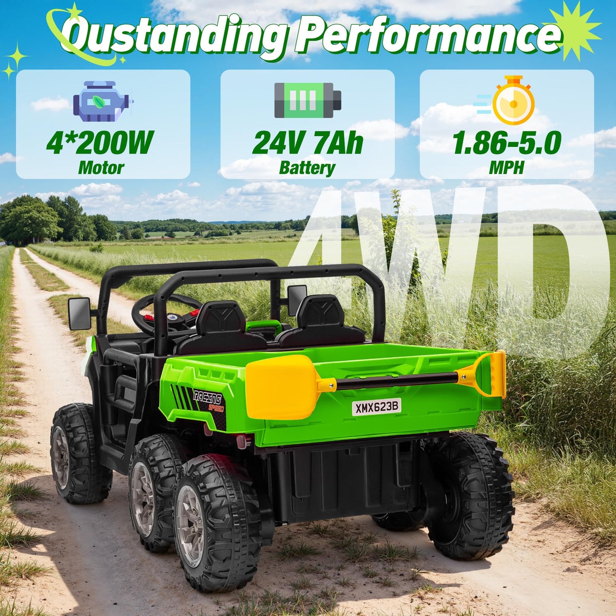 24V 2 Seater 4WD 6-Wheels Battery Powered Ride On Dump Truck A64984